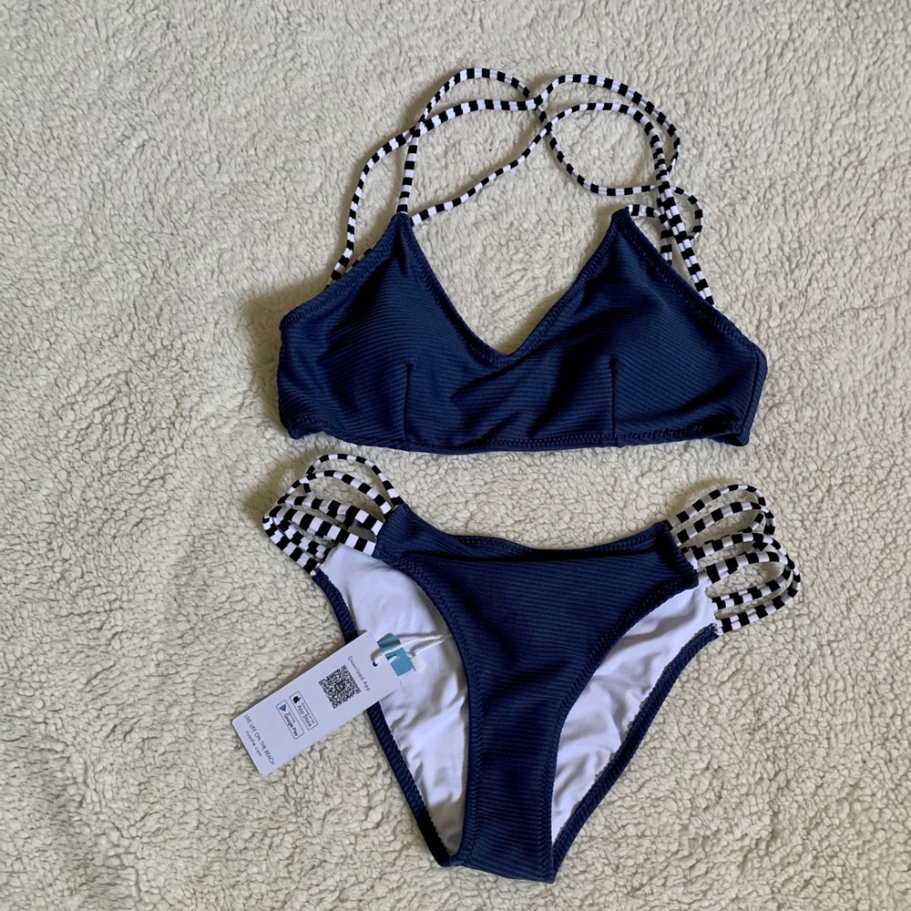Navy blue, black and white bikini